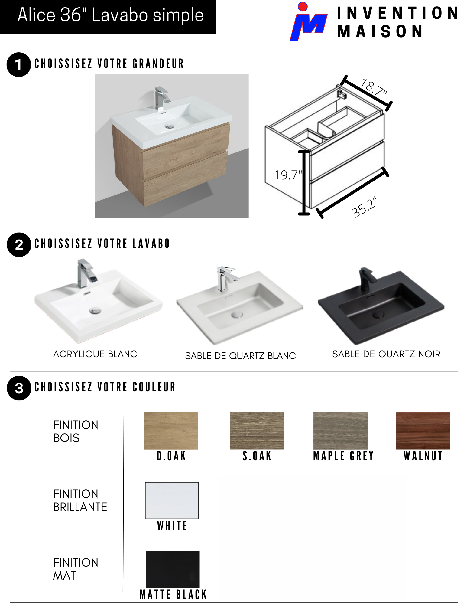 Vanité murale avec lavabo simple 36po 36in Wallmount Single Sink